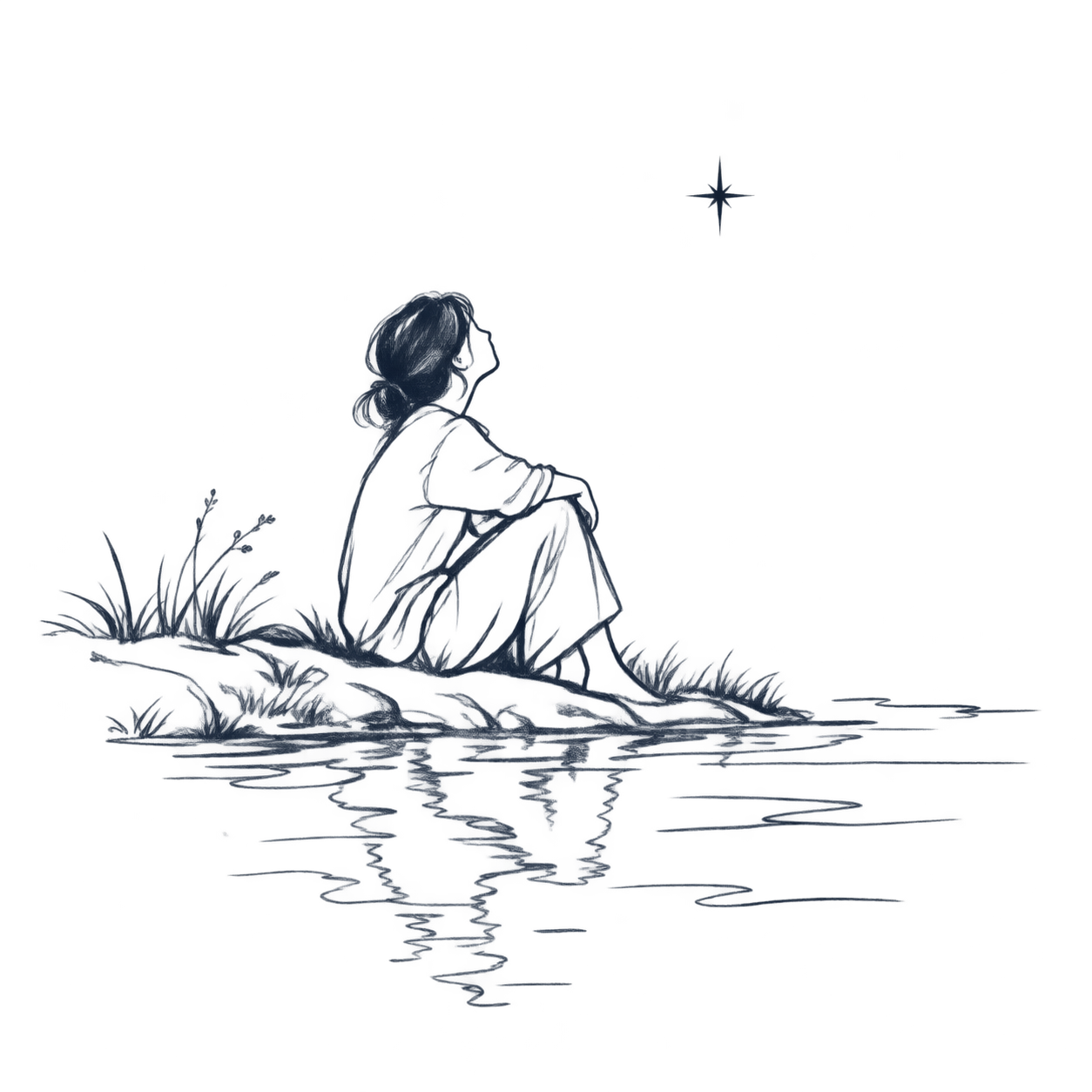插画：坐在水边的人、星光与水面倒影。